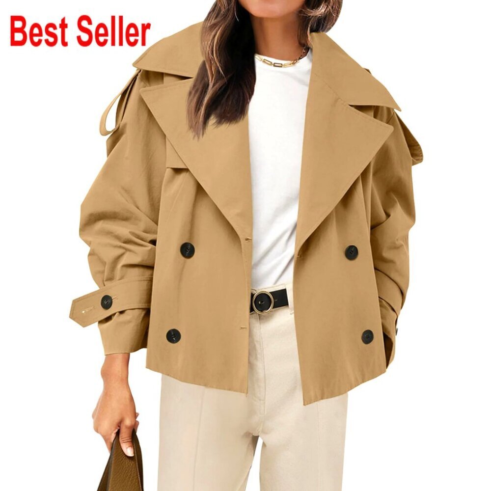 Cropped Trench Coat Double Breasted Windproof Casual Fall Outerwear with Belt